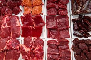 Meat is displayed in a display case photo