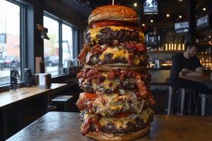 A large stack of cheeseburgers sitting on top of a table photo