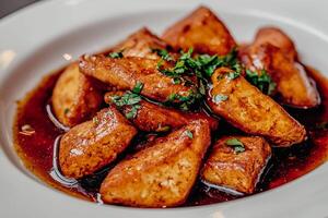 A plate of fried tofu with sauce and herbs photo