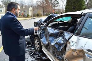 A man in a suit is looking at the damage on a car photo