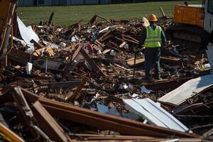 A construction worker stands in the rubble of a building photo