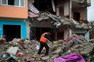 A man in an orange vest is standing in rubble photo