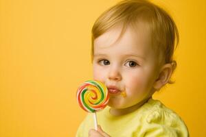 A young child holding a lollipop in front of a yellow background photo