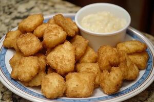 A plate of fried tater tots and a bowl of dip photo