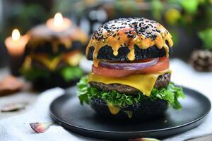 A black burger with cheese, lettuce and tomato on a plate photo