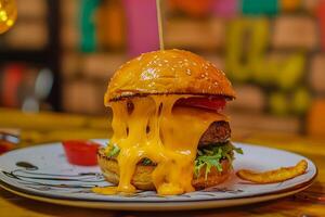 A cheeseburger with a fork on top of it photo