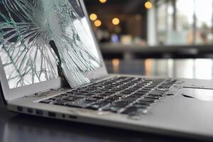 A laptop with a broken screen is sitting on a table photo