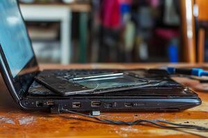 A laptop computer with a broken screen sitting on a table photo