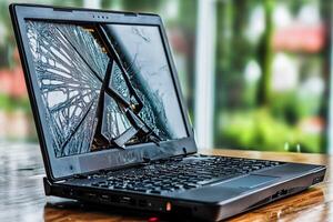 A laptop computer with a broken screen sitting on a table photo