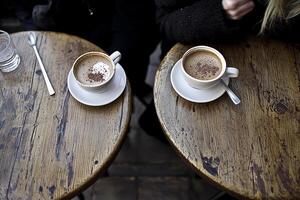 Two cups of coffee on wooden tables photo
