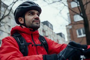 A man in a red jacket and helmet on a bicycle photo