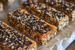 Several bars with seeds and nuts on top of a baking sheet photo