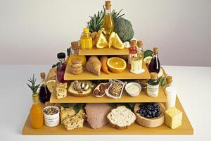 A pyramid of food with various items on it photo