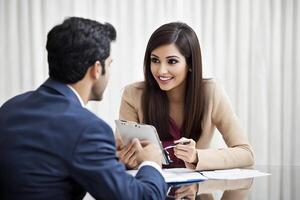 A man and woman are sitting at a table with a tablet photo