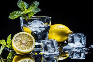 A glass of water with ice cubes and lemon slices photo