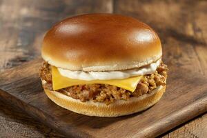 A close up of a sandwich with cheese and meat photo