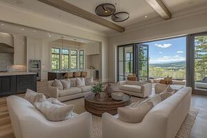 A large living room with a view of the mountains photo