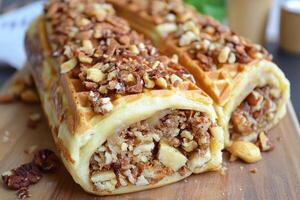 A waffle roll with nuts and nuts on top photo