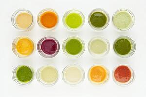 A variety of different colored juices in jars photo