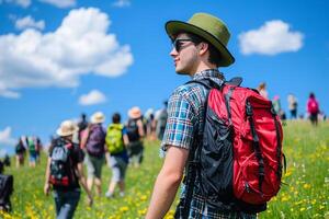 A man with a backpack and hat walking through a field photo