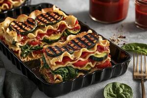 Vegetable lasagna in a baking dish photo