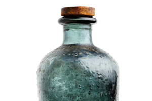 Unique vintage glass bottle with a rusted cork, showcasing intricate textures and historical charm in a minimalist presentation png