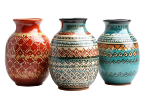 Colorful decorative vases with intricate patterns displayed in bright lighting for aesthetic appeal png