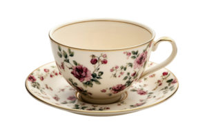 Delicate porcelain teacup with floral design on a matching saucer, perfect for afternoon tea and elegant gatherings png