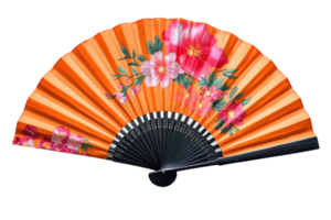 Decorative orange fan with floral patterns displayed on a neutral background, showcasing intricate design details and craftsmanship png