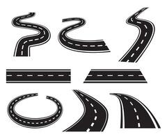 Winding and curved road. Highways, asphalt paths icon set vector