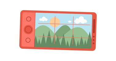 A colorful smartphone with camera application on the screen. A user holds the phone for taking a selfie. The mobile device shows a vibrant photo scene and technology concept, online media context, vector