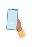 A hand hold phone. A user holds a smartphone with a blank screen in their palm. This digital sticker serves as an application template. Ideal for apps, media, and online services. vector