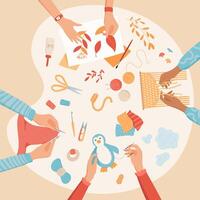 Handicraft DIY art class illustration, handmade craftwork banner, colorful craft hobby collection, creative workshop concept, vector