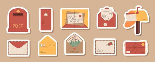 Trendy handwritten letter sticker pack design, cartoon paper mail in postal box patch set, creative greeting postcard with paper note badge, flat handmade open envelope and mailbox label template. vector