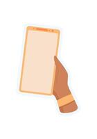 Sticker of hand holding phone. User interacts with smartphone using a gesture. Digital application in a simple format, ideal for mobile app marketing and online promotions. vector