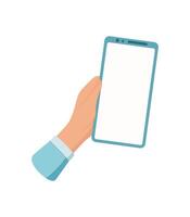 A hand holds a modern smartphone with a blank template. This device serves as mobile platform for user applications. The touch screen is perfect for digital media or communication needs. vector