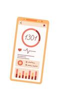 Smartphone app for health and fitness tracking. Mobile application displays user activity statistics and metrics. Simple graphic interface with icons offers a clear view of fitness data. Technology vector