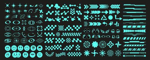 Neon y2k trippy rave decoration set graphic, cyber geometry acid element collection, retro abstract 90s symbol, modern techno y2k shape , geometric blue groovy icon aesthetic vector