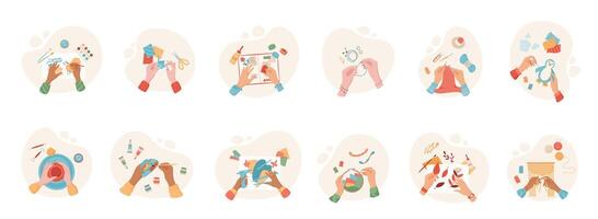 Colorful isolated hands making handcraft activity set, handicraft craftwork top view abstract collection, handmade DIY craft children hobby illustration, creative art group banner concept. vector