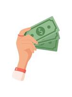 Hand holding cash bill. Gesture of money transfer. Payment concept, flat graphic style, ideal for financial business usage. Capture of cash in palm highlights transaction importance. vector
