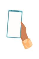A hand holds a mobile phone with a blank screen. A user holds digital device for various applications. This mobile phone allows for touch gestures and simple navigation. Modern concept, ideal vector
