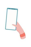 A user holds a phone with a blank screen. The hand shows gesture while gripping the smartphone. This digital device represents communication and technology in simple form. Suitable for apps and vector
