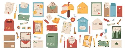 Isolated flat mail, letters and mailboxes set illustration, creative style handwritten letter with stamp and address, cartoon greeting postcard design, craft paper envelope and stationery collection. vector