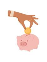 Hand holds a coin over a piggy bank. Gesture of saving cash into piggy bank. Flat graphic style, ideal for finance concepts, digital media, and business illustrations. vector