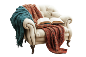 Cozy armchair adorned with warm blankets and a book invites relaxation in a tranquil setting png