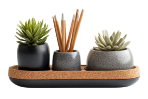 Elegant desk organizer with succulents and writing utensils arranged for a modern workspace png