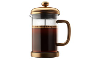 Freshly brewed coffee in a stylish French press on a wooden table in a cozy kitchen setting png