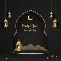 Happy Ramadan Kareem Mubarak illustration with podium lantern and dome paper cut effect vector