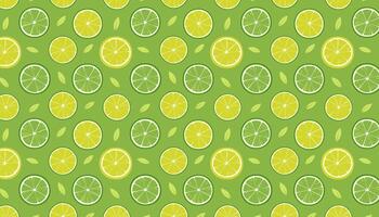 Citrus pattern with lemon and lime slices on green background vector