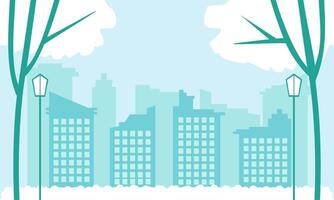 Serene winter cityscape with tall buildings and a snowy background. The buildings are spread out across the scene, with some closer to the foreground and others further in the distance vector